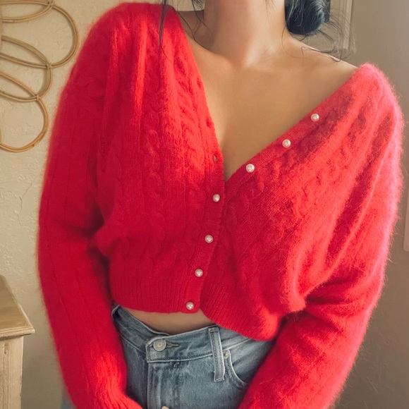 Vintage Sweaters - Vintage Lambswool Silk Delicate Cable Knit Pearl Button Red Cardigan Sweater